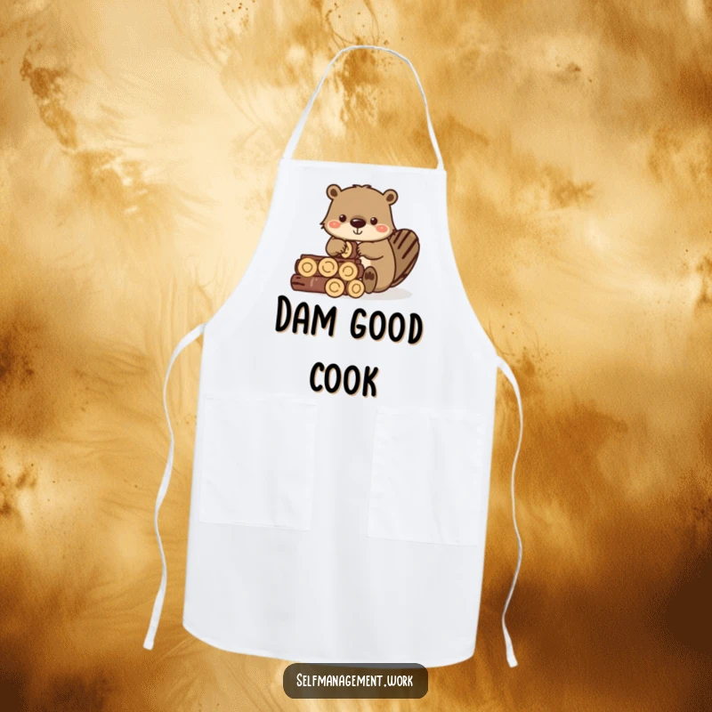 Funny apron showing a diligent beaver organizing small wooden logs, suitable for kitchen use.