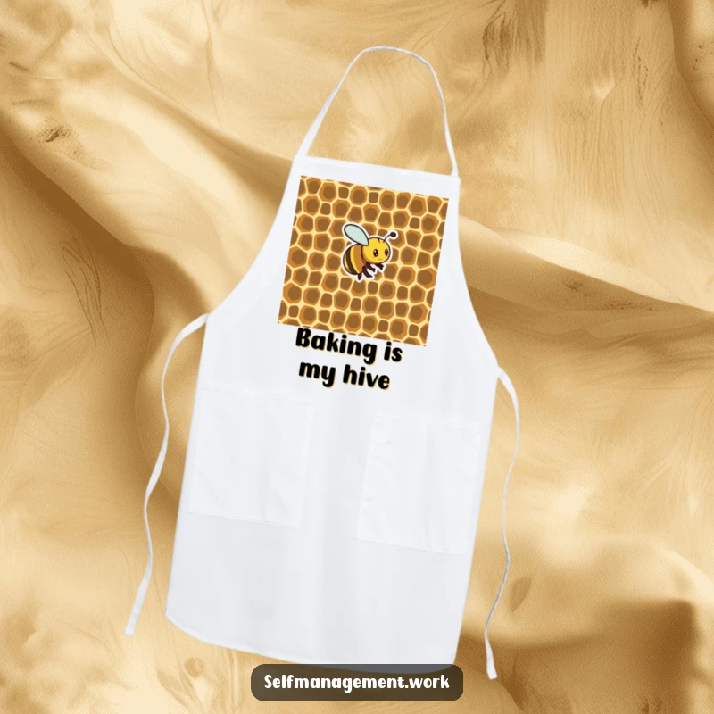 Funny Apron: Busy bee crafting a perfectly organized honeycomb structure, ideal for humorous and organized kitchen activities.