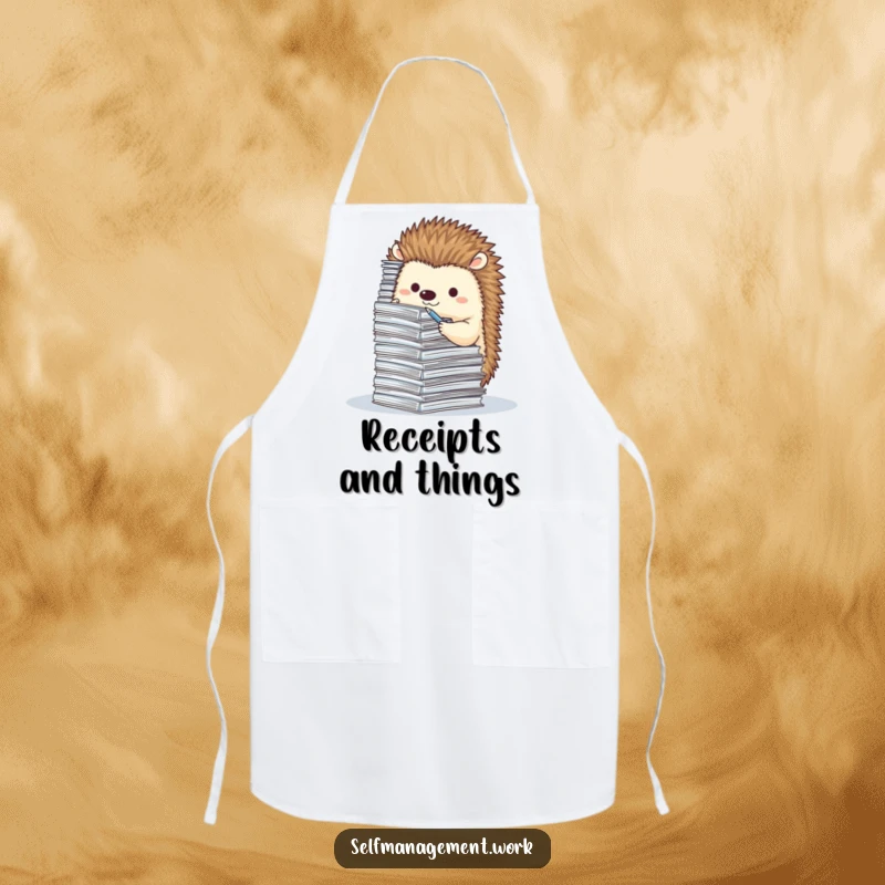 Cute hedgehog character diligently filing tiny paperwork, durable kitchen apron, humorous cooking accessory.