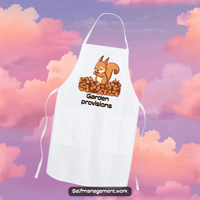 Energetic squirrel character organizing acorns into neat piles, durable kitchen apron, humorous cooking accessory.