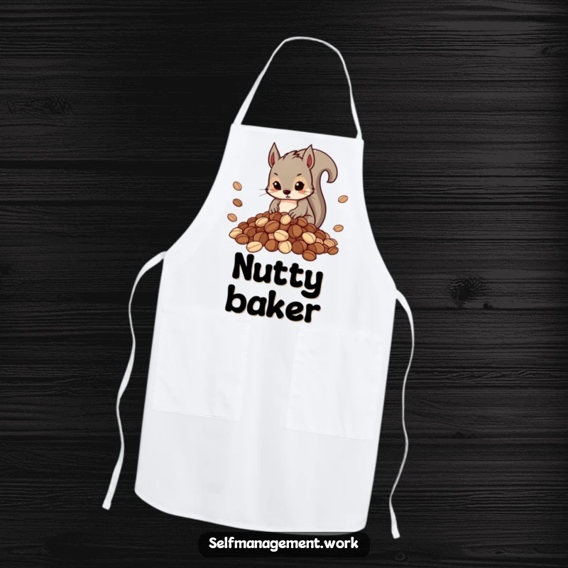Funny apron showing a determined squirrel organizing a neat pile of nuts, suitable for kitchen use.