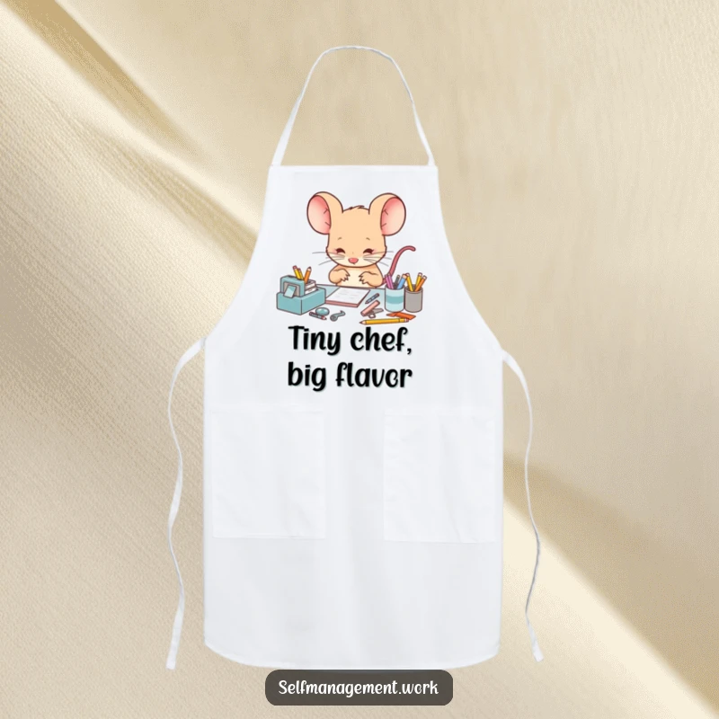 Funny Apron with a meticulous mouse character busy arranging tiny desk supplies, showcasing a humorous dedication to order in the kitchen.