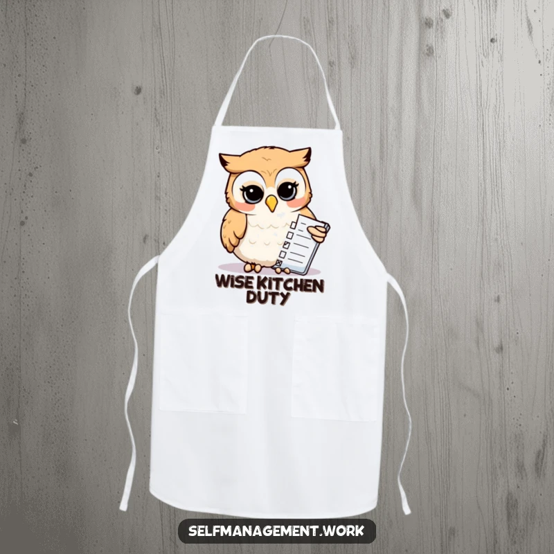 Funny Apron: Calm owl with beak checking off kitchen tasks on a list, ideal for humorous and organized cooking.