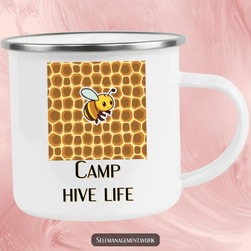Funny Camping Mug: Busy bee building a perfectly organized honeycomb, evoking humor and outdoor organization for adventurers.