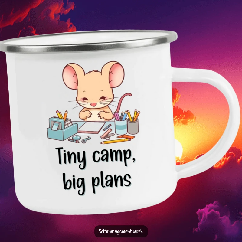 Funny Camping Mug featuring a focused mouse character meticulously arranging tiny desk supplies, perfect for sipping coffee with organized humor outdoors.