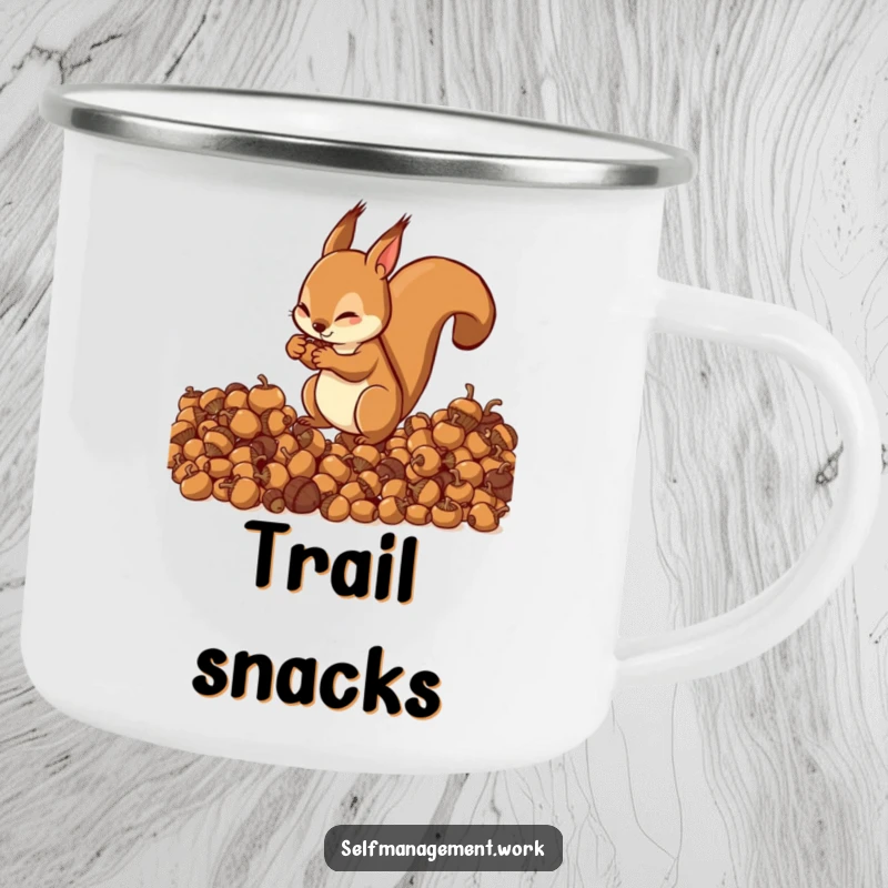 Energetic squirrel character organizing acorns, enamel camping mug, humorous outdoor accessory.