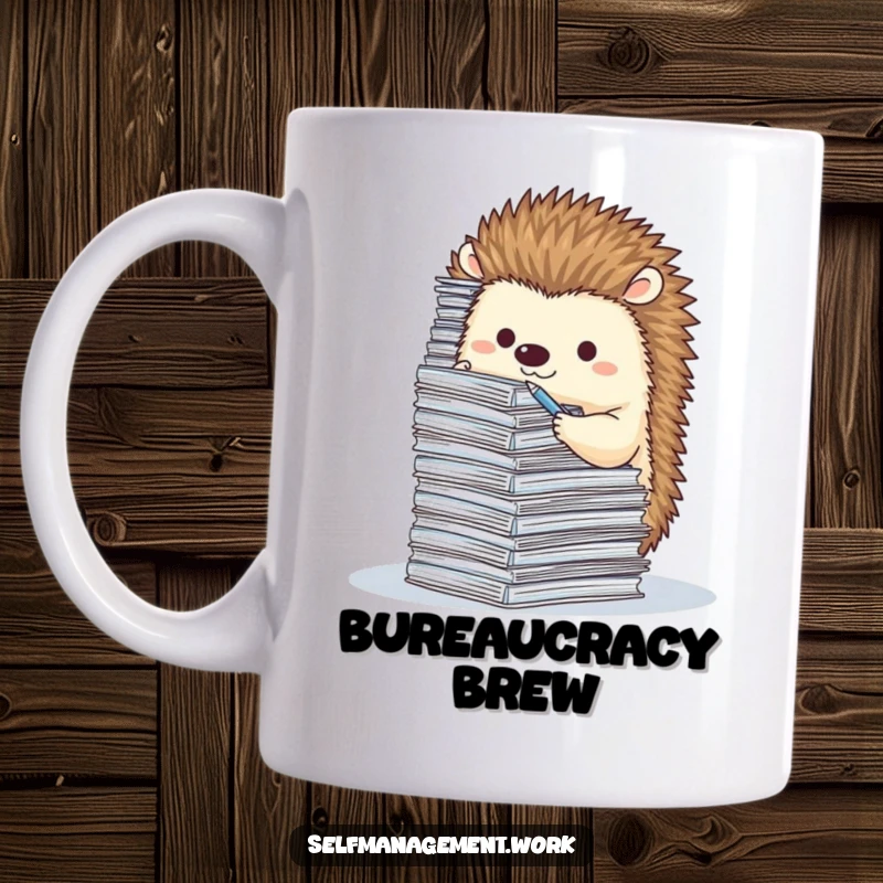 Cute hedgehog character diligently filing a huge stack of tiny paperwork, looking focused, humorous office mug.