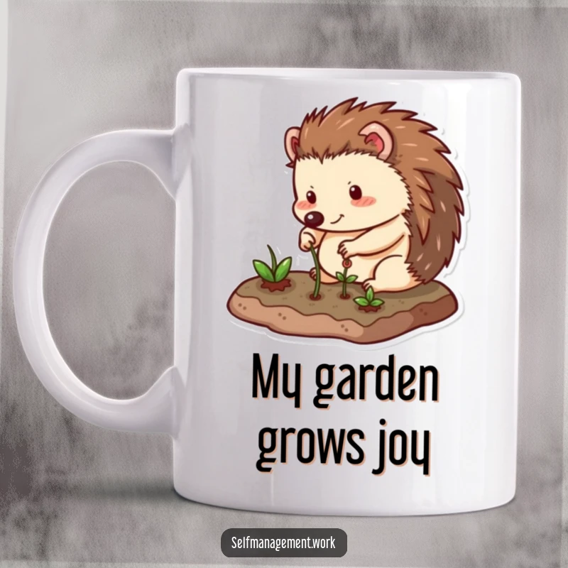 Funny Mug featuring a happy hedgehog character carefully tending to a small, neat garden plot with a smile and gentle movements.