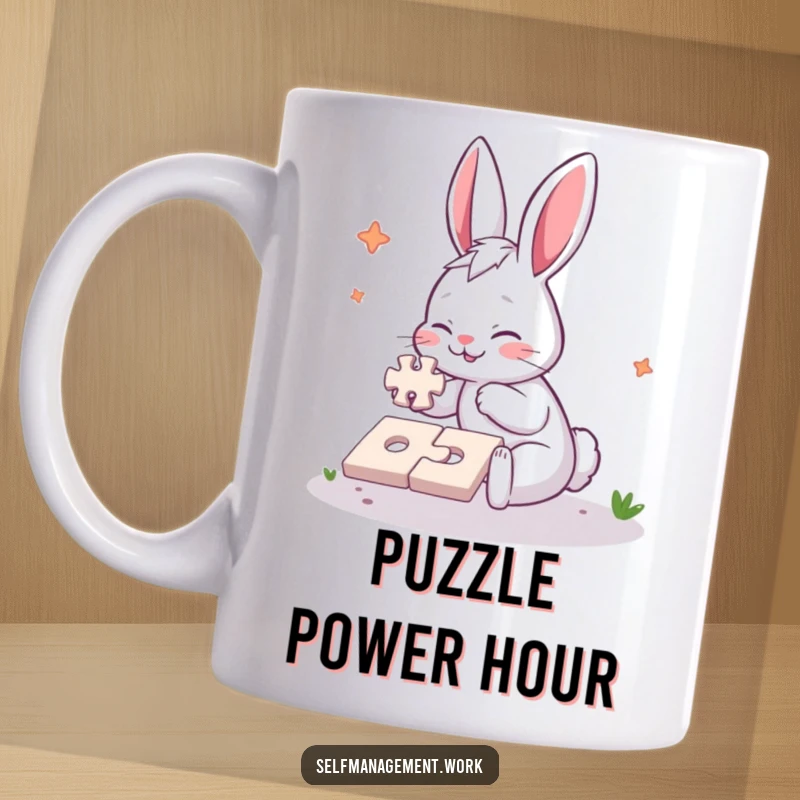 Funny Mug featuring an energetic rabbit character diligently completing a simple jigsaw puzzle with intense focus and a cheerful, determined expression.