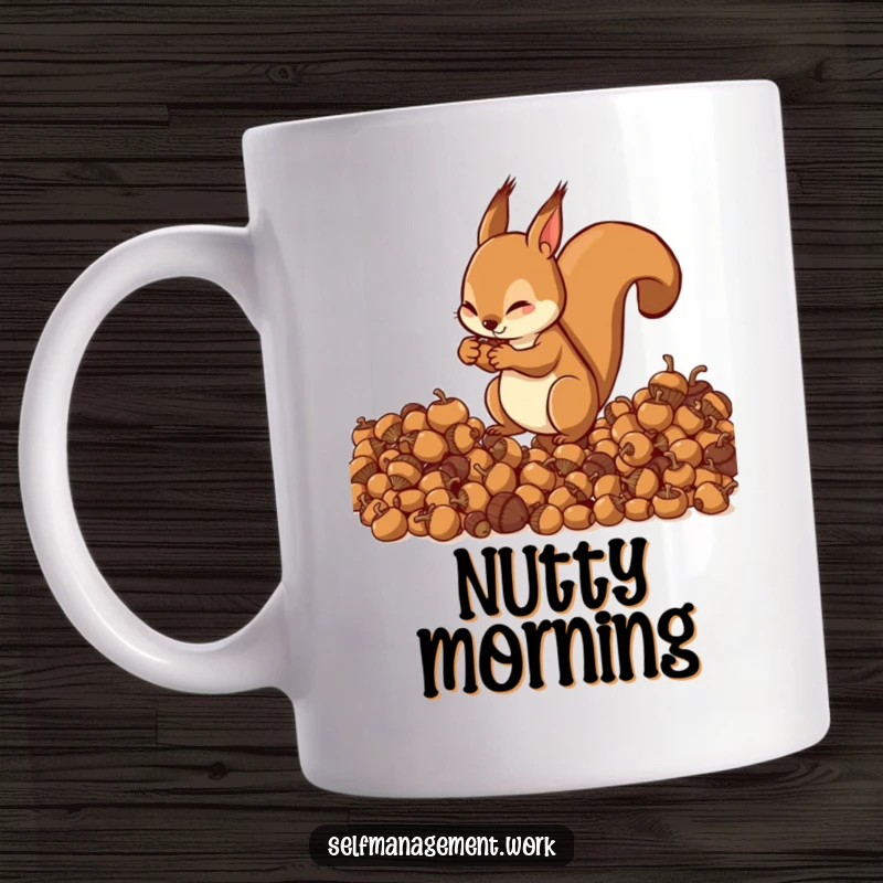 Energetic squirrel character expertly organizing acorns into neat piles, looking focused and efficient, humorous mug design.