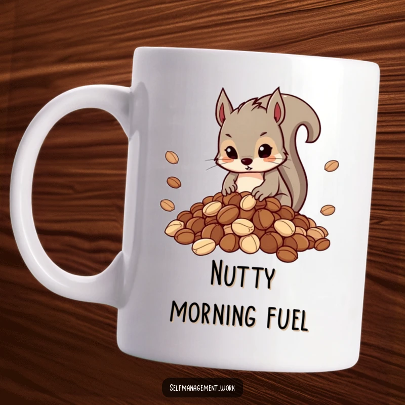 Funny mug showcasing a determined squirrel carefully stacking nuts into a perfectly organized pile, emphasizing preparedness.