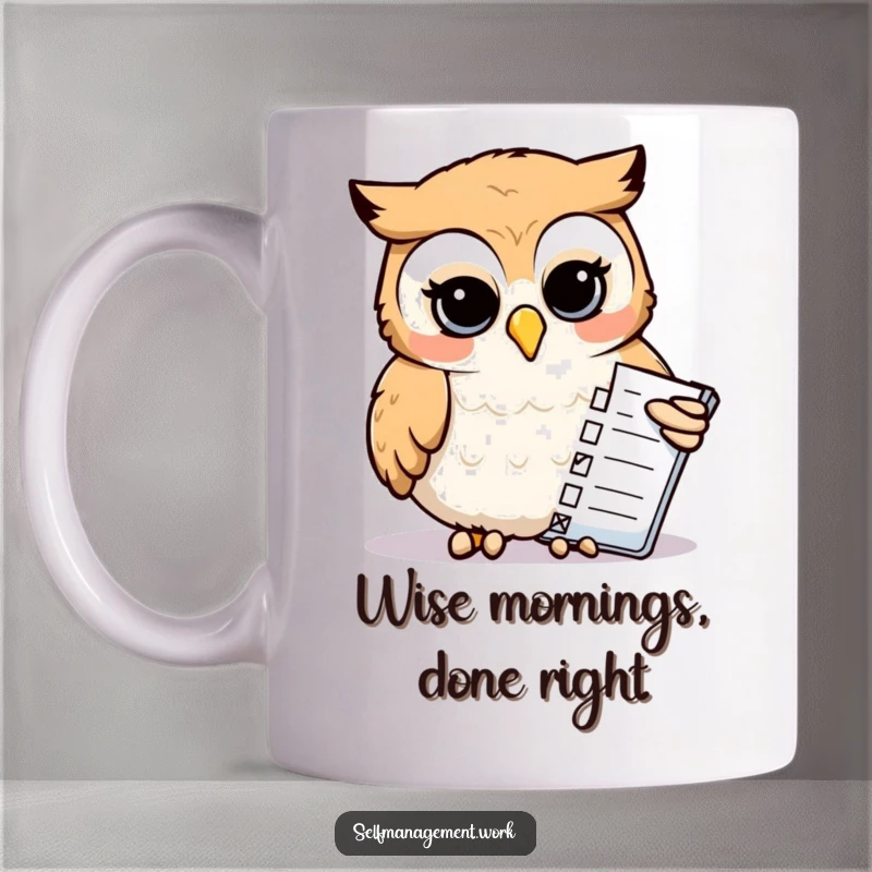 Funny Mug: Calm owl with beak diligently checking off tasks on a list, representing focus and organization for a humorous gift.
