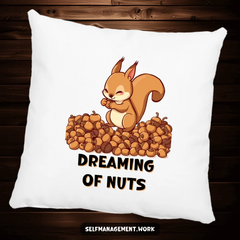 Energetic squirrel character organizing acorns into neat piles, plush pillow, humorous home decor.