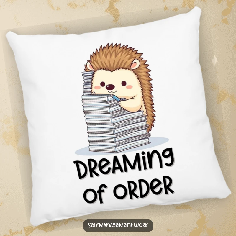 Cute hedgehog character filing a towering stack of tiny paperwork, plush pillow, humorous home decor.