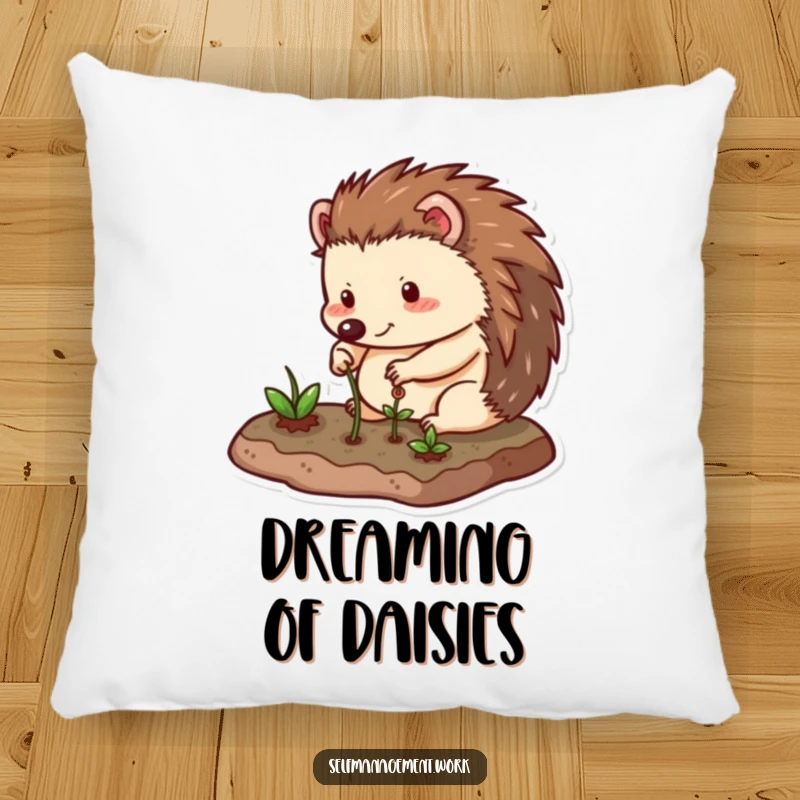 Funny Pillow with a happy hedgehog character carefully tending to a small, neat garden plot, adding a touch of humorous, natural comfort.