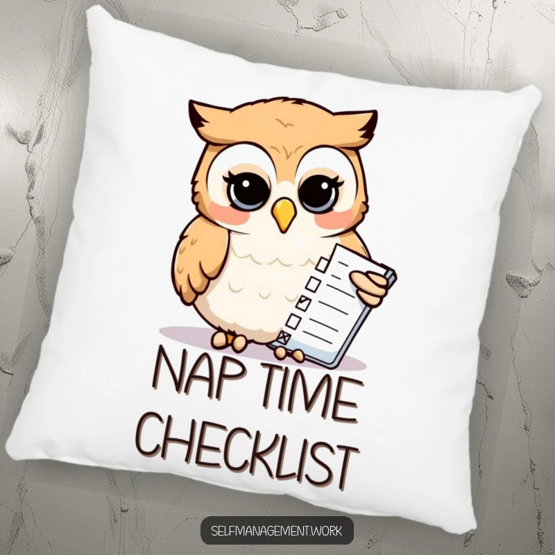 Funny Pillow: Calm owl using its beak to tick off items on a list, bringing humor and organization to home decor.