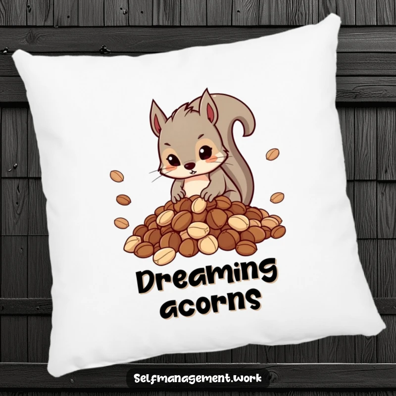 Funny pillow featuring a determined squirrel carefully organizing a neat pile of nuts, perfect for relaxation.
