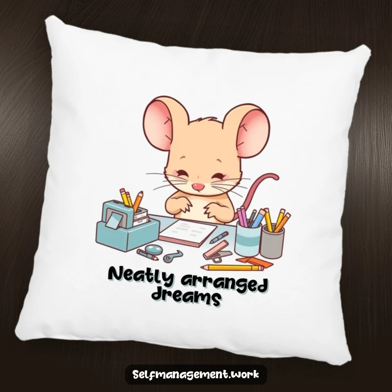 Funny Pillow showing a tiny, focused mouse character meticulously arranging miniature desk supplies, adding a touch of humorous, organized comfort.