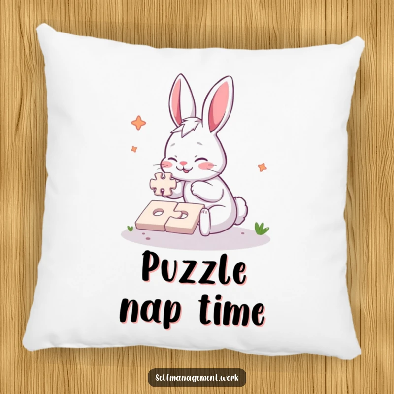 Funny Pillow with an energetic rabbit character diligently completing a simple jigsaw puzzle, adding a touch of humorous, cozy comfort.