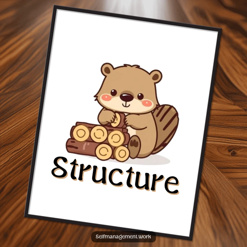 Funny digital art print of a diligent beaver precisely stacking small wooden logs.