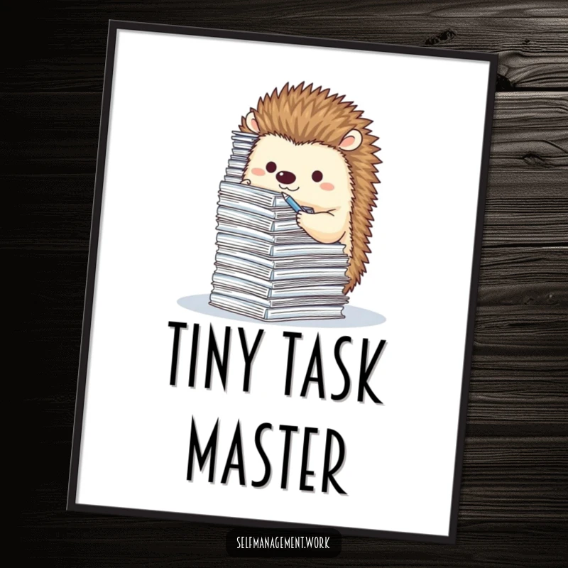 Cute hedgehog character diligently filing tiny papers, high-resolution digital art, humorous wall decor.