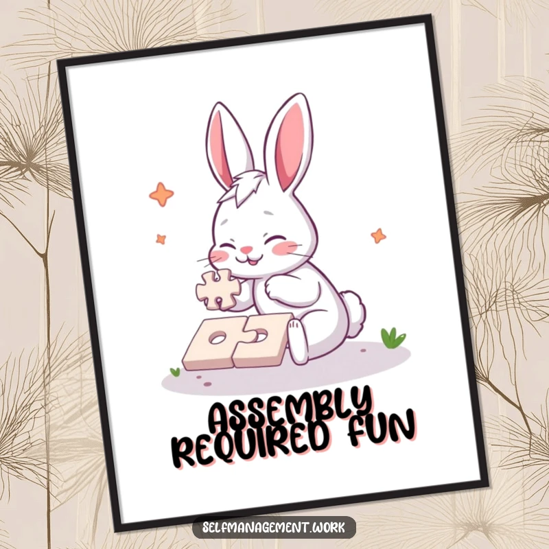 Funny Digital Art Print of an energetic rabbit character diligently completing a simple jigsaw puzzle, capturing a humorous and inspiring scene of focus.