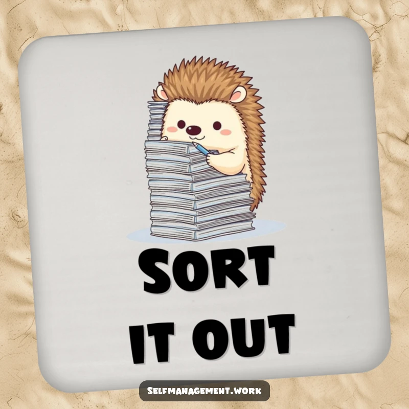 Cute hedgehog character filing paperwork, protective drink coaster, humorous desk accessory.