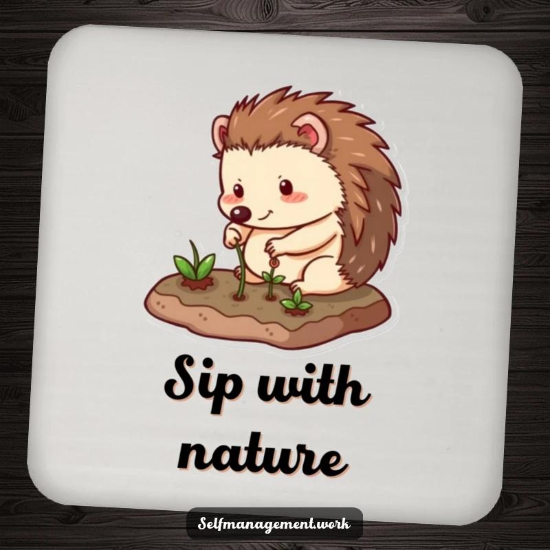 Funny Drink Coaster with a happy hedgehog character carefully tending to a small, neat garden plot, providing humorous surface protection.