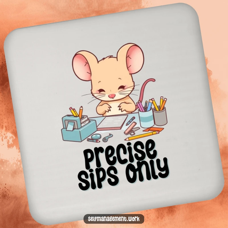 Funny Drink Coaster with a tiny, focused mouse character meticulously arranging desk supplies, providing humorous surface protection.