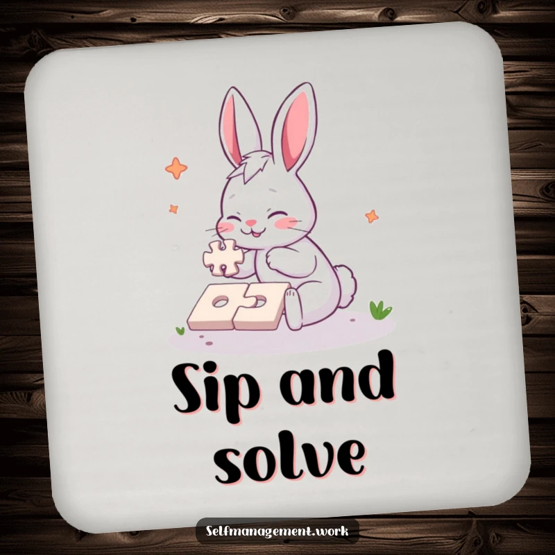 Funny Drink Coaster with an energetic rabbit character diligently completing a simple jigsaw puzzle, providing humorous surface protection.