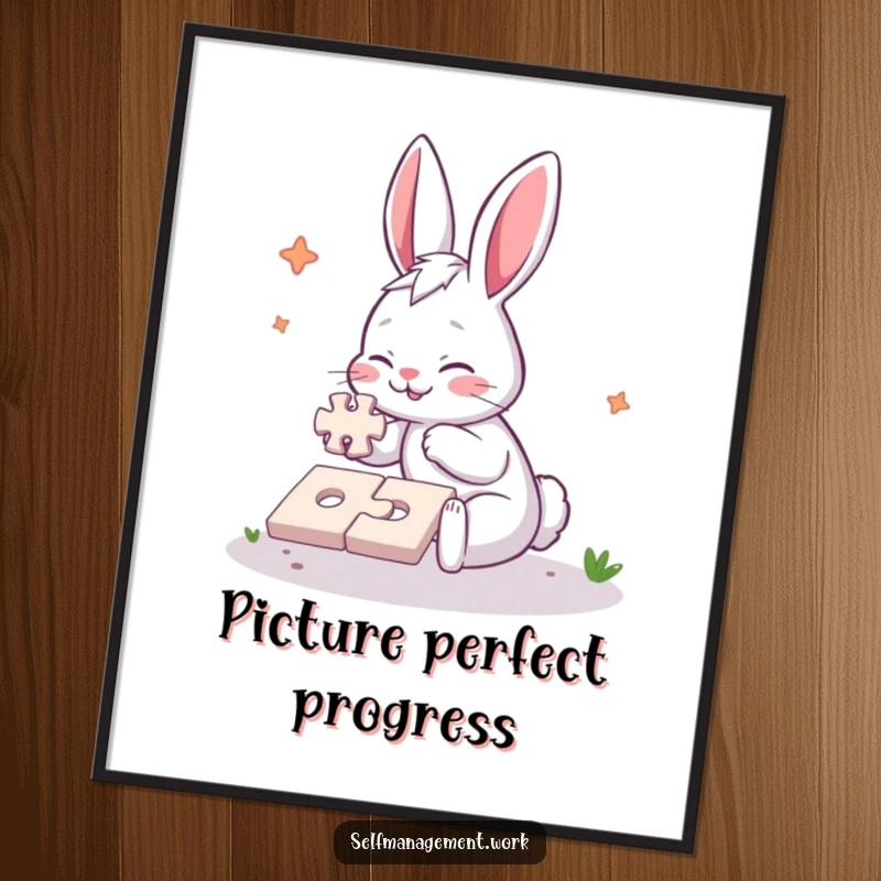 Funny Poster showing an energetic rabbit character diligently completing a simple jigsaw puzzle, capturing a humorous and inspiring scene of focus.