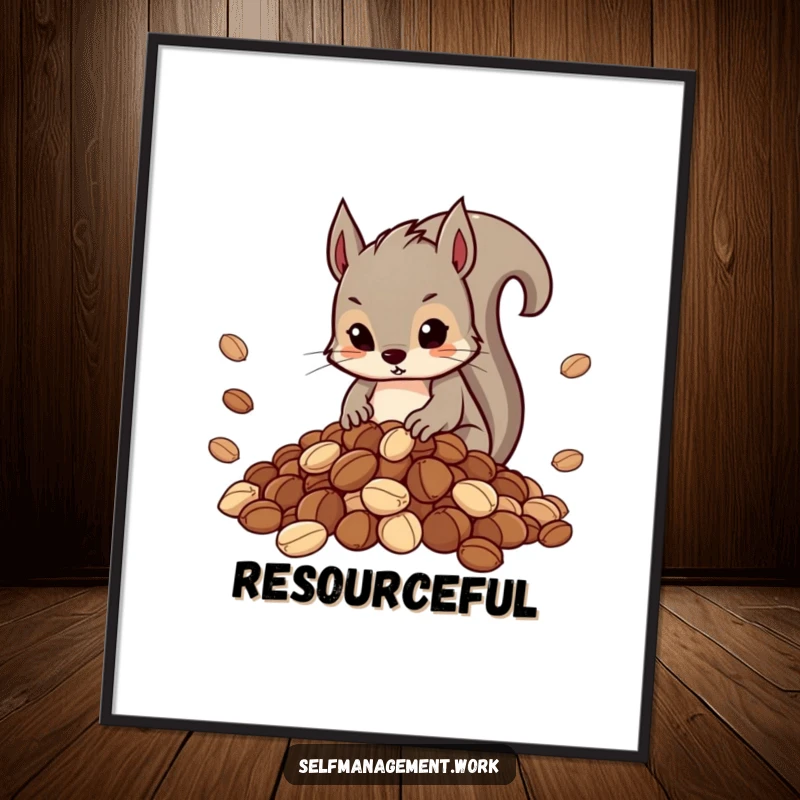 Funny poster art of a determined squirrel character carefully arranging a very neat and organized pile of nuts.