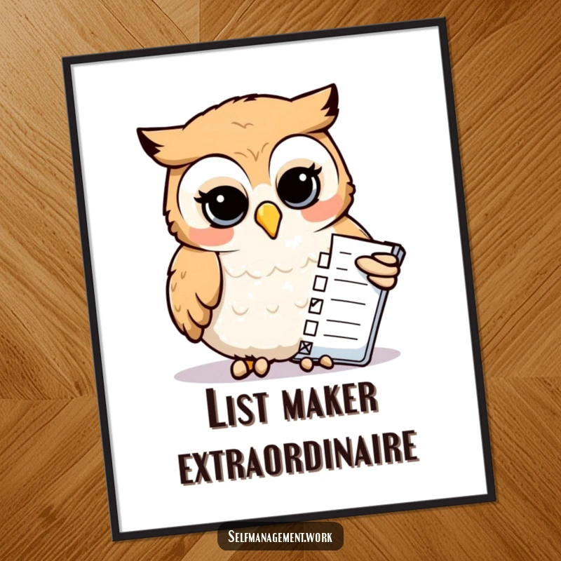 Funny Poster: Calm owl with beak checking off a list, embodying humor, focus, and productivity for wall art.