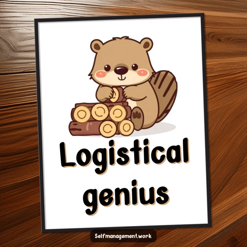 Funny poster art of a diligent beaver character precisely stacking small wooden logs into a neat pile.