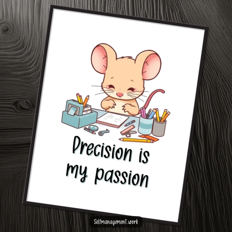 Funny Poster depicting a highly focused mouse character meticulously arranging tiny desk supplies, capturing a humorous and adorable scene of perfect order.
