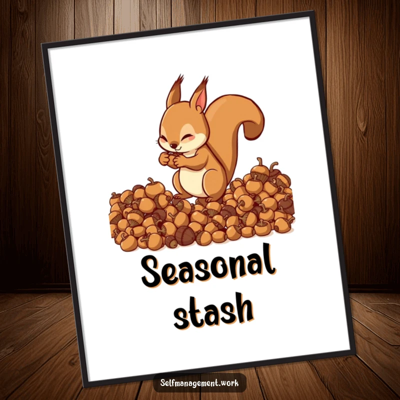 Energetic squirrel character organizing acorns into neat piles, humorous poster for wall decor.