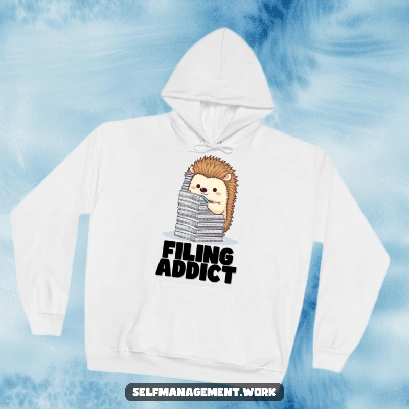 Cute hedgehog character focused on filing a towering stack of tiny paperwork, soft hoodie material, humorous apparel.