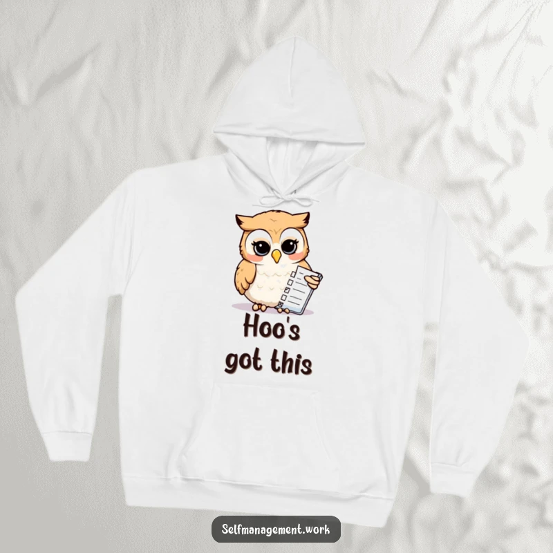 Funny Hoodie: Calm owl with its beak meticulously checking tasks on a list, offering warmth and humor for screen readers.