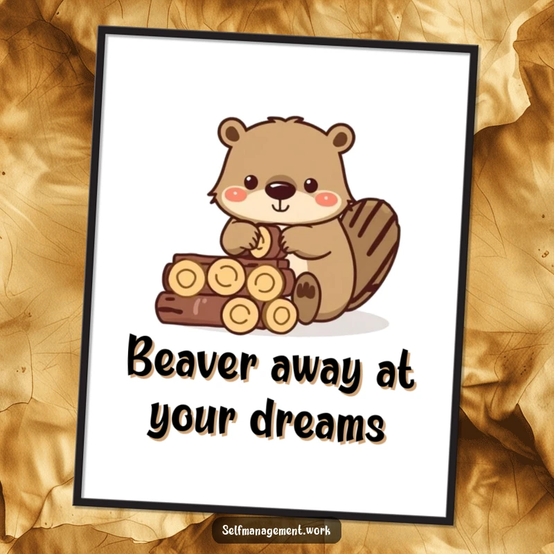 Funny Free Printable Wall Art: A diligent beaver precisely stacking small wooden logs to build a structure.