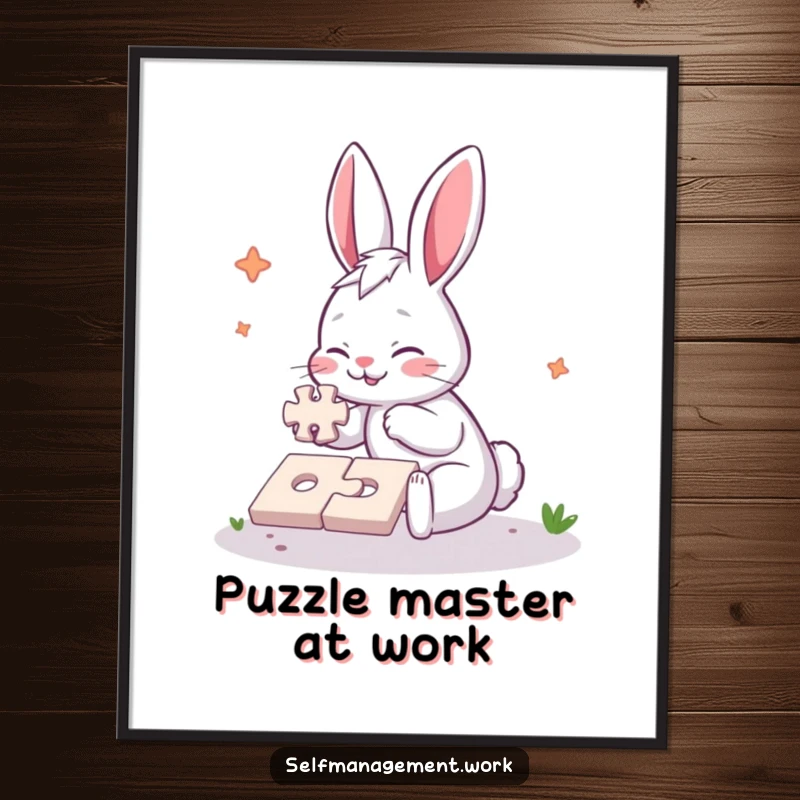Funny Free Printable Wall Art showing an energetic rabbit intently focused on finishing a jigsaw puzzle, a delightful and amusing scene.
