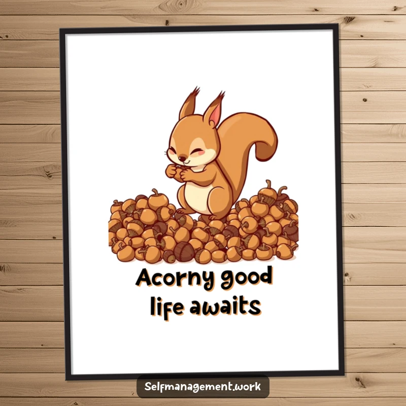 Funny Free Printable Wall Art: An energetic squirrel is depicted expertly organizing a large collection of acorns into perfectly neat, distinct piles.