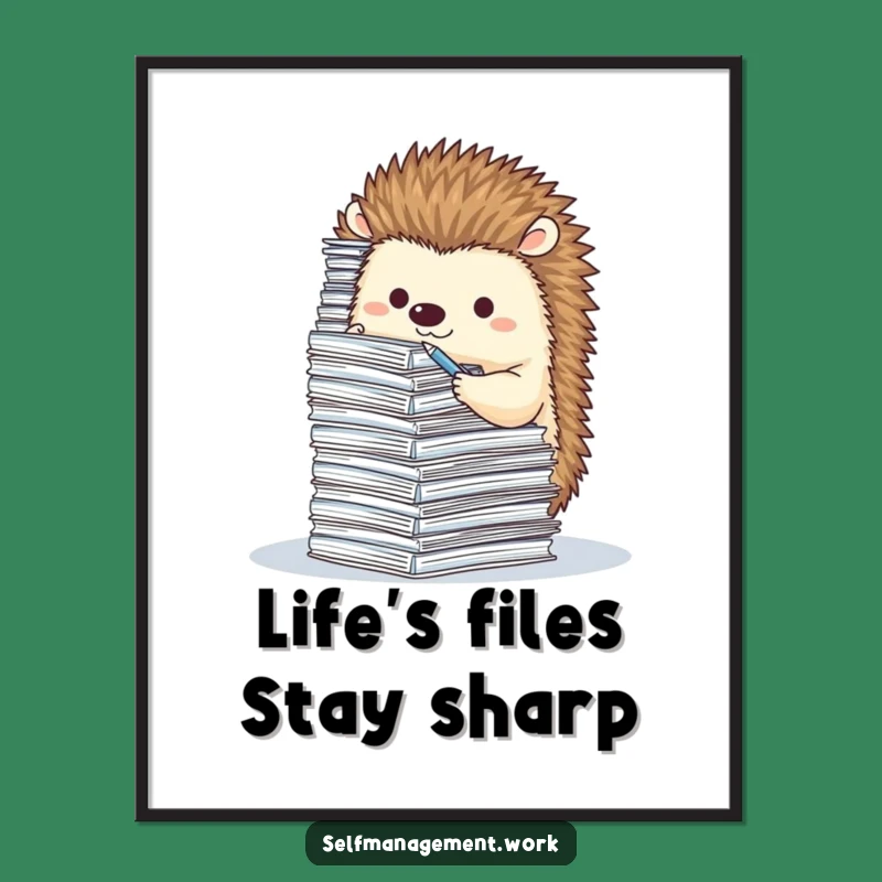 Funny Free Printable Wall Art: Hedgehog Filing Papers, Quirky Downloadable Decor