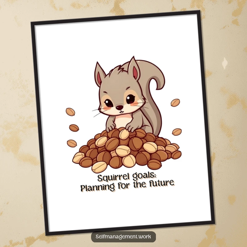 Funny Free Printable Wall Art: A determined squirrel carefully arranging a large, neat pile of nuts with precision.