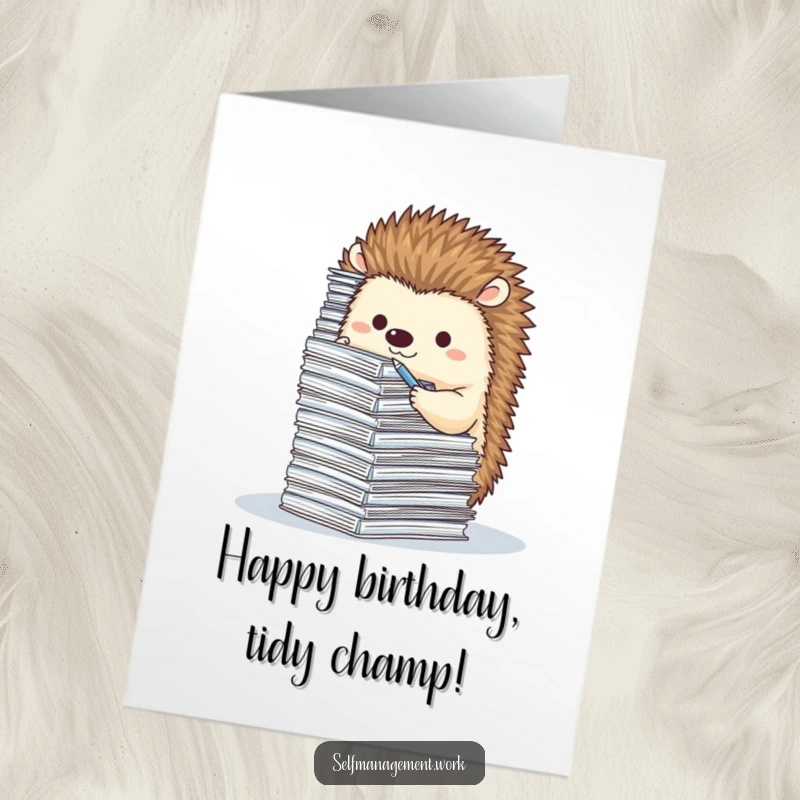 Funny Free Printable Birthday Card: A cute hedgehog is diligently filing an enormous, towering stack of tiny paperwork with a focused expression.