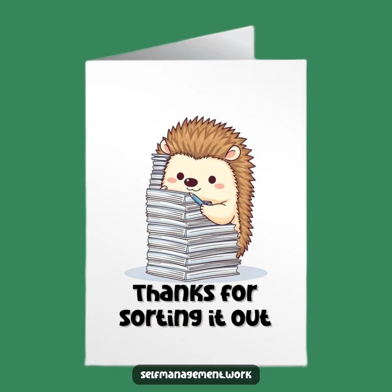 Free Printable Thank You Card: Hedgehog Filing Papers, Charming Downloadable Gift