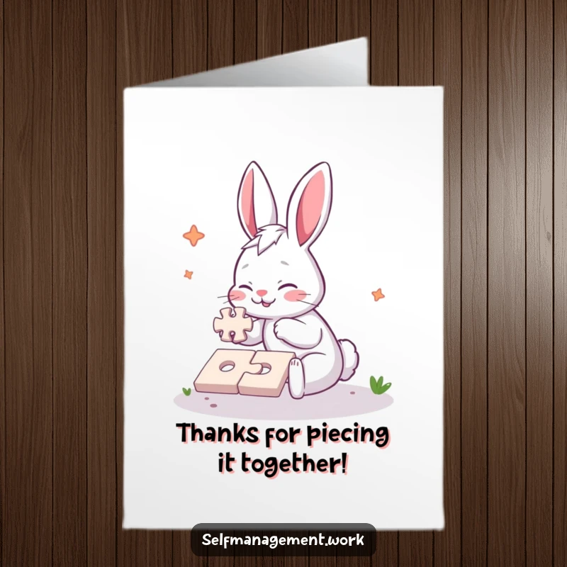 Funny Free Printable Thank You Card depicting a diligent rabbit energetically completing a jigsaw puzzle, radiating focus and fun.