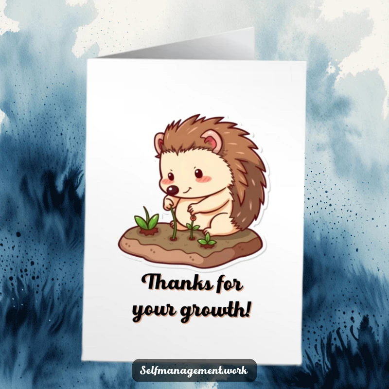 Funny Free Printable Thank You Card with a happy hedgehog diligently gardening its neat plot, a sweet and amusing gesture.