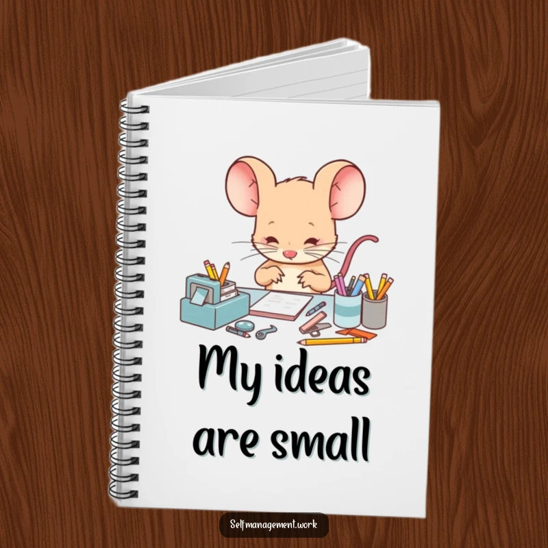 Funny Notebook featuring a focused mouse character meticulously arranging tiny desk supplies, ideal for capturing organized thoughts with humor.