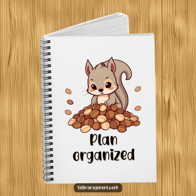 Funny notebook with a determined squirrel carefully organizing a neat pile of nuts, ideal for notes.