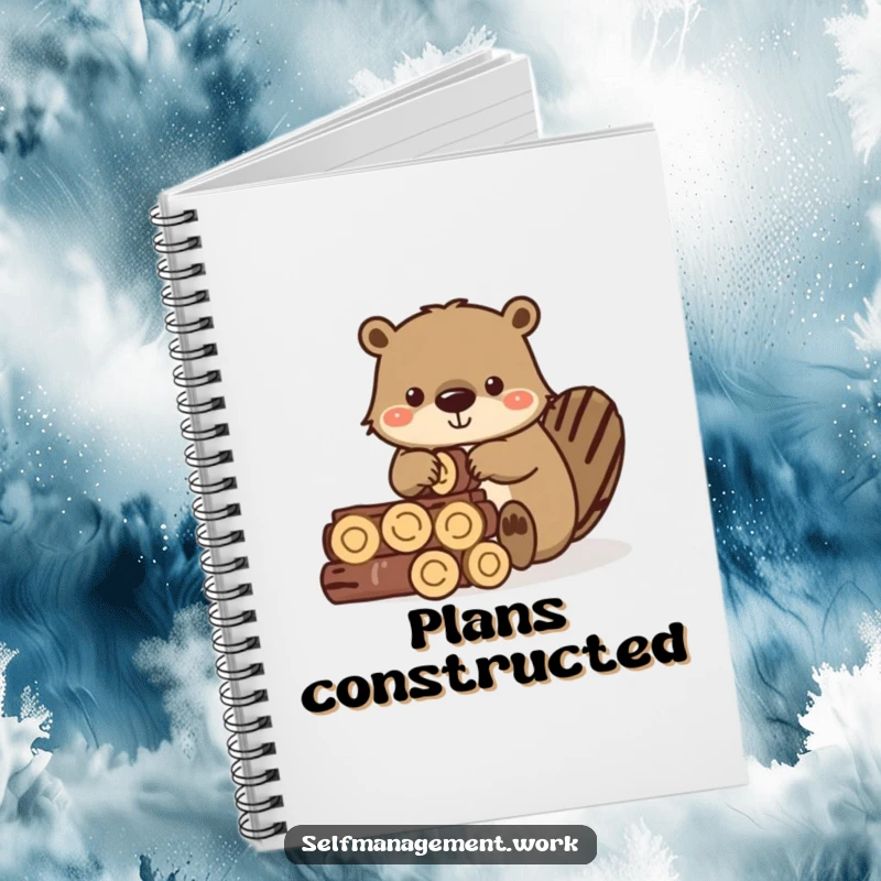 Funny notebook with a diligent beaver carefully stacking small wooden logs, ideal for notes.